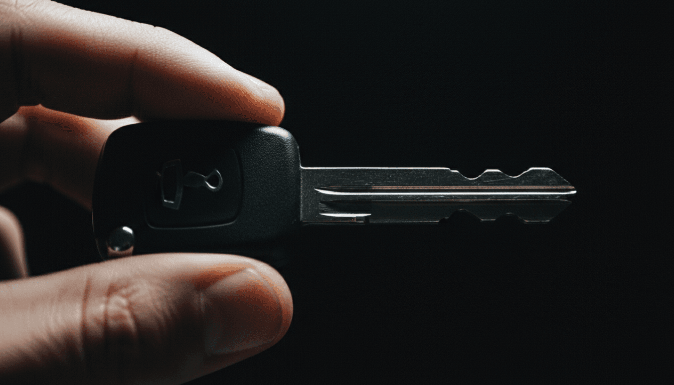 Close-up of a car key held between fingers, dramatic lighting with dark background