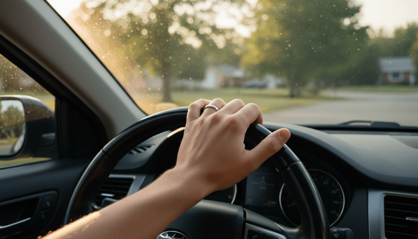 Hand resting on a car steering wheel during a morning drive, sunlight streaming through the windshield