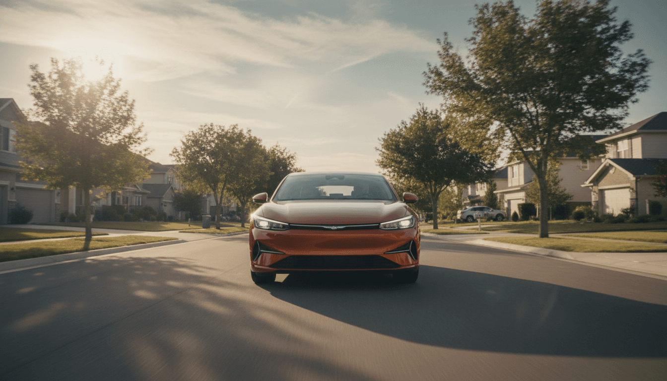 A modern car driving on a peaceful suburban road at sunset