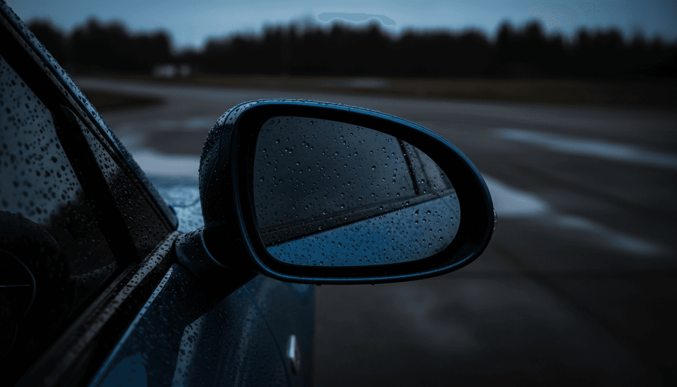 Car side mirror reflecting sky