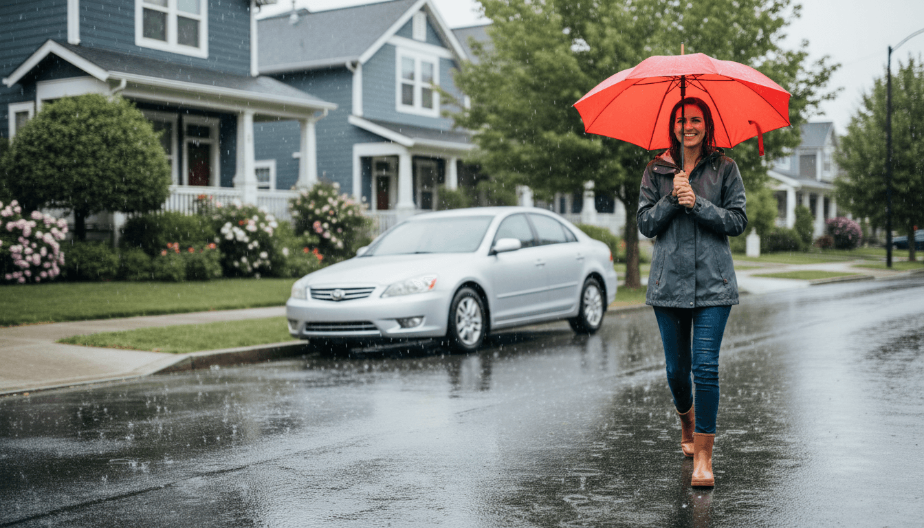 Person with umbrella near car in rain