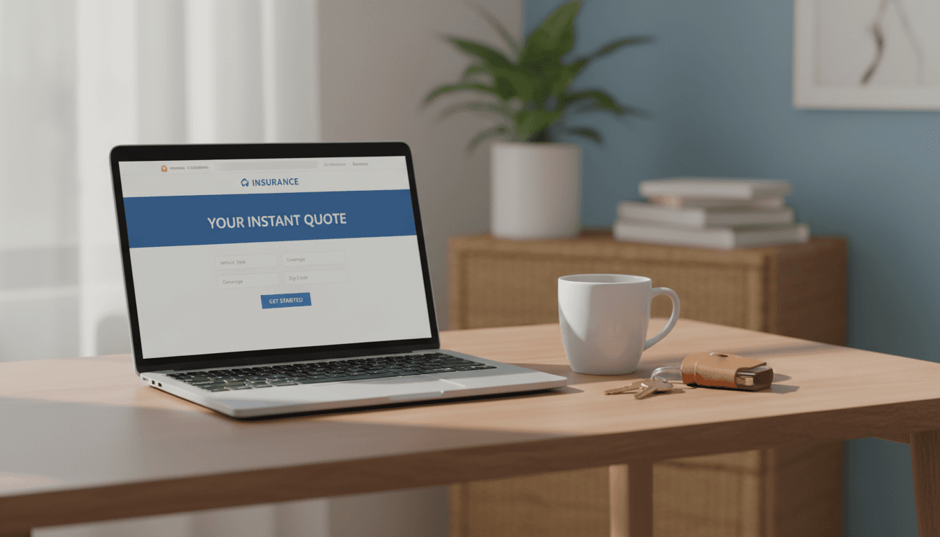 Laptop on a desk with a coffee mug and car keys, showing an insurance quote page