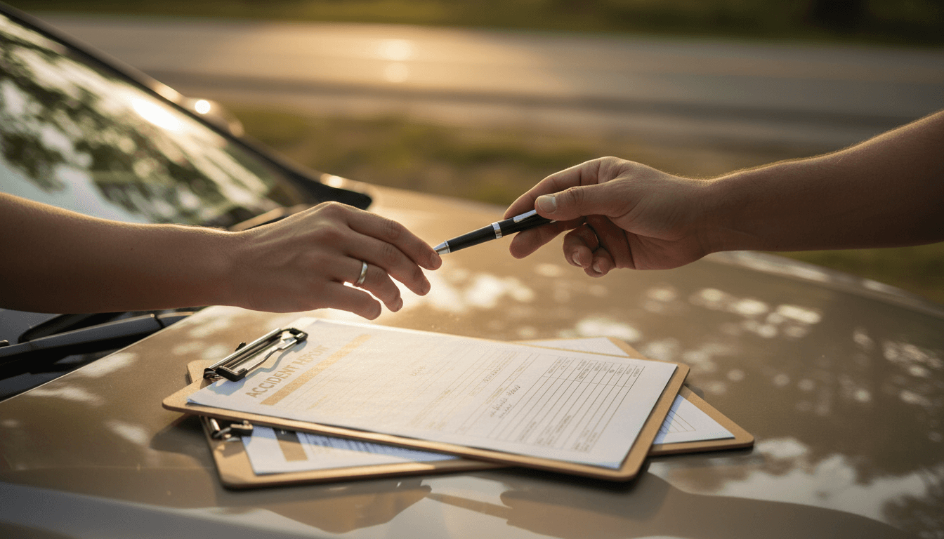Hands signing a document on a car hood