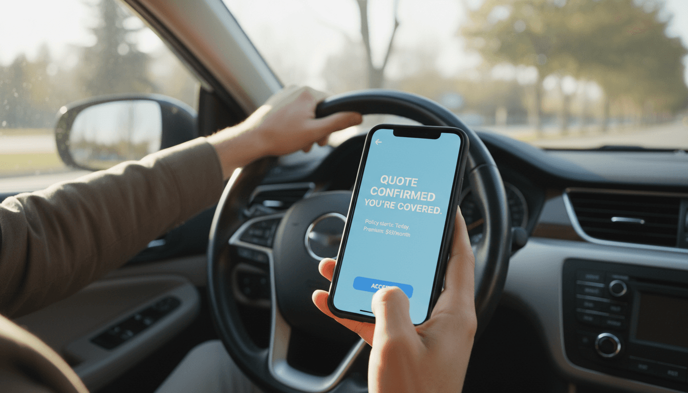 Hand holding a smartphone showing an insurance confirmation, with a steering wheel in the background