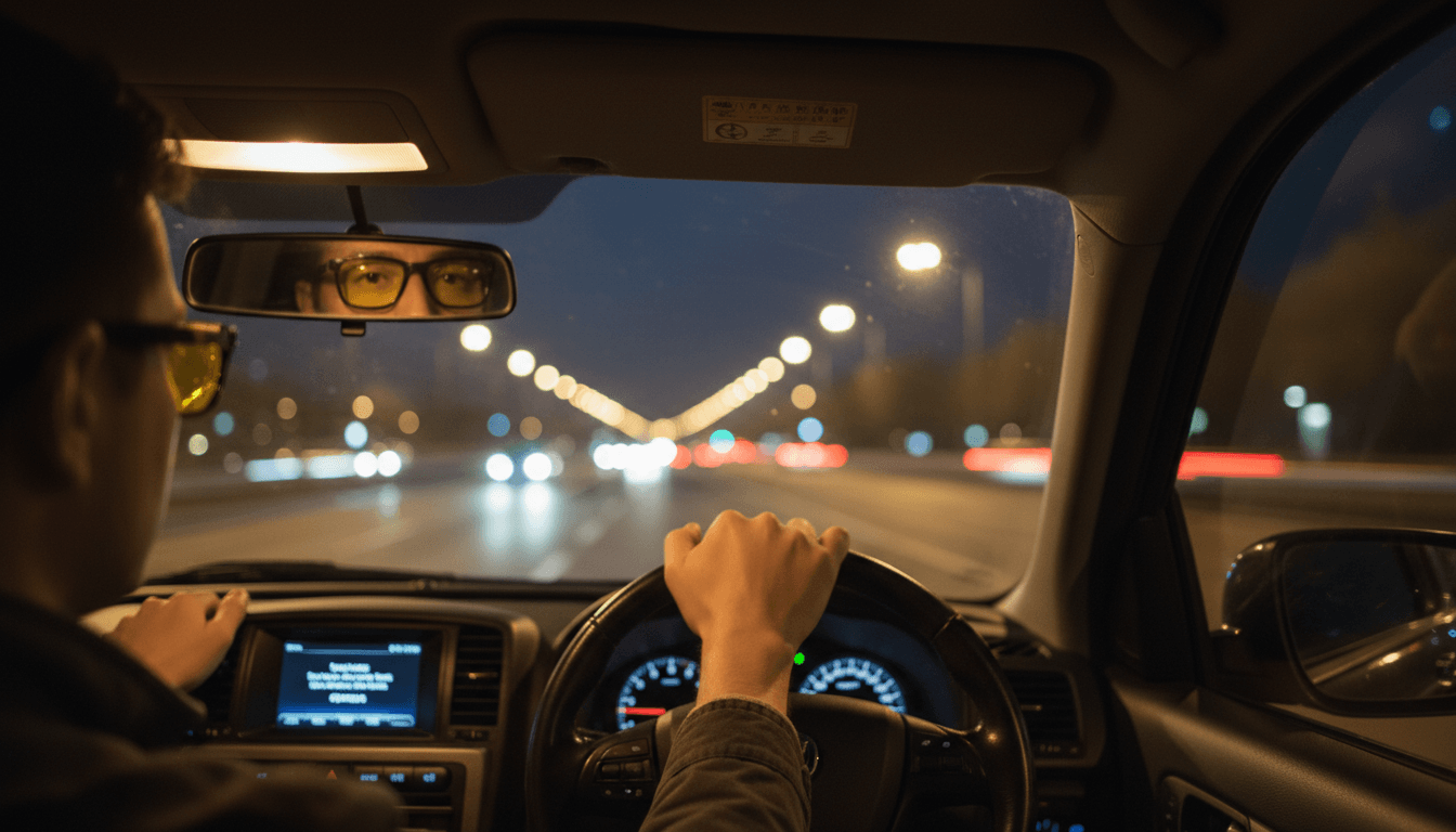 Driver's hand on steering wheel in rain