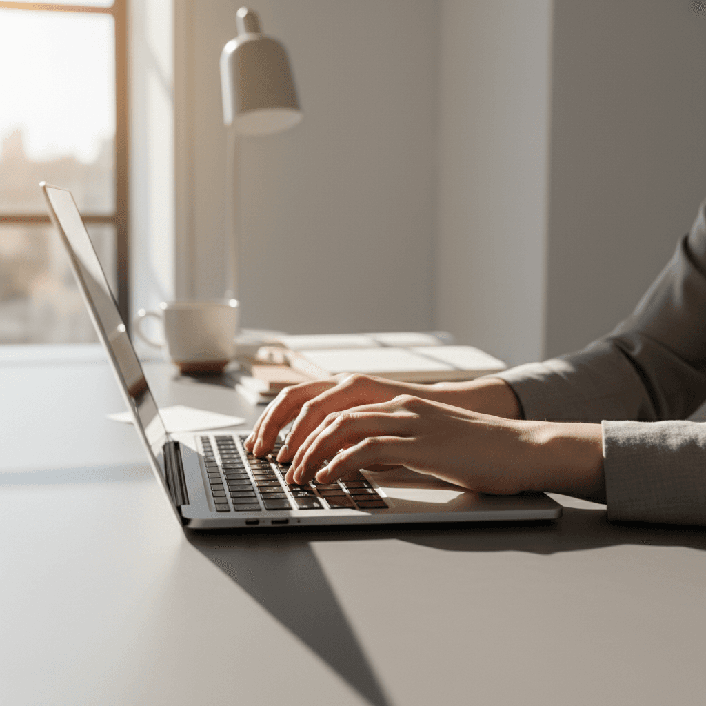 Two people working at a desk with laptops and documents